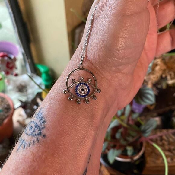 Evil Eye Sterling Silver CZ Blue Eyed Sapphire Necklace - Picture 6 of 6